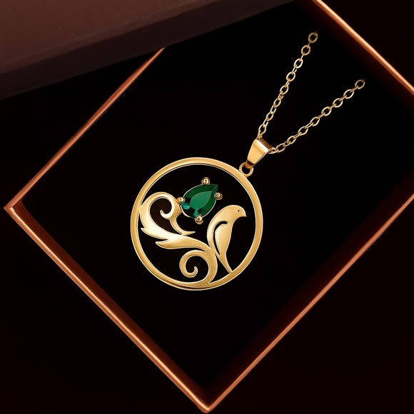 Brass Bird Jewelry Set with Green Gemstones – Pendant Necklace and Earrings - Picture 3 of 7